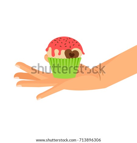 Cupcake gift islated vector illustration. Hand holding pastry cupcake decorated with chocolate heart
