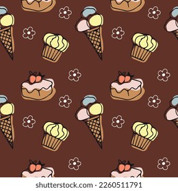 Cupcake, glazed pie and ice cream in a cone on a brown background vector seamless pattern