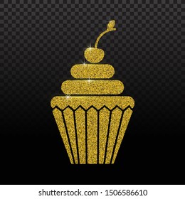 Cupcake glitter icon isolated on background. Golden glitter cupcake for design of invitation, greeting card, birthday.