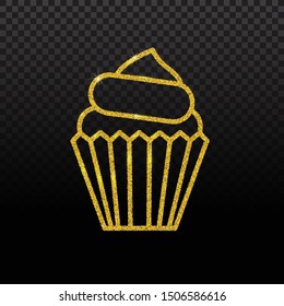 Cupcake glitter icon isolated on background. Golden glitter cupcake for design of invitation, greeting card, birthday.