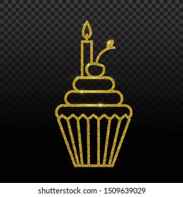 Cupcake glitter icon isolated on background. Golden glitter cupcake for design of invitation, greeting card, birthday.