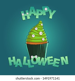 cupcake with green cream and eyes on a blue background. happy halloween. halloween greetings. Gradient Letters