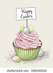 Cupcake with green cup, pink cream, small colorful eggs and text Happy Easter, vector illustration, eps 10 with transparency
