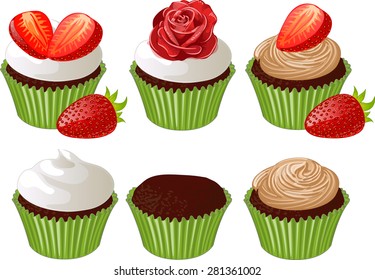 Cupcake in green cup with strawberry and iced rose isolated vector illustration