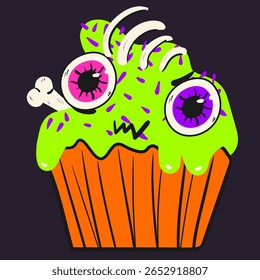 Bolinho de Halloween. Doodle estilo sobremesa assustadora com globos oculares e ossos. Truque ou deleite. Ilustração isolada de vetor.