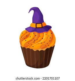 Cupcake Halloween witch hat on orange cream dessert in cartoon style isolated on white background.