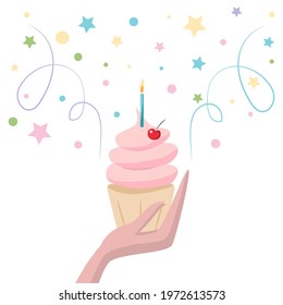 Cupcake in Hand. Birthday cake with candle and cherry on white background. Design for invitation, greeting congratulation card, birthday party