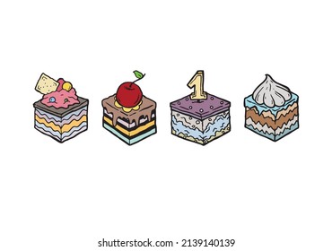 Cupcake hand drawn colored icons , different variations on similar theme. Pen drawn cookie illustration with colors. Sweet creamy snack in a set collection. Cute dessert pieces in cartoonish style.