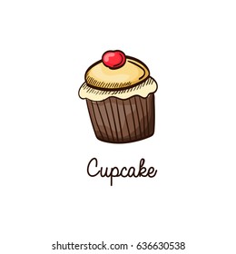 Cupcake hand drawn colorful illustration. Muffin with cherry watercolor style vector icon.