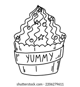 Cupcake in hand drawn doodle style. Yummy desert design. Vector illustration.