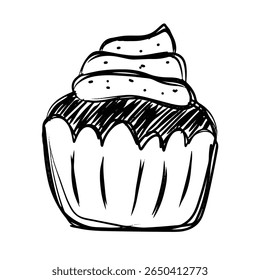 Icono dibujado a mano de cupcake. Doodle de cupcake lindo. Doodle dibujado a mano lindo y adorable. contorno de cupcake en blanco y negro