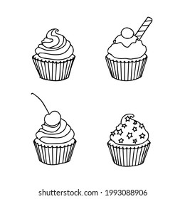 Cupcake hand drawn illustration. set of vector cupcakes for your design. doodle isolated on white background