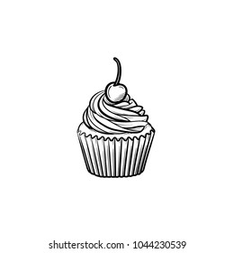 Cupcake hand drawn outline doodle icon. Vector sketch illustration of cupcake with berry for print, web, mobile and infographics isolated on white background.