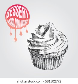 Cupcake hand drawn sketch isolated on white background and pink blob with drops. Dessert sketch elements vector illustration