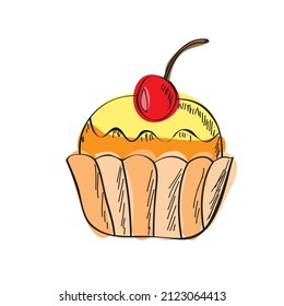 Cupcake hand drawn vector doodle illustration. Cartoon cake. Isolated on white background. Sweet. Hand drawn simple element