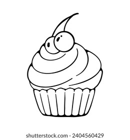 Cupcake Hand-Drawn Doodle Line Illustration Isolated In White Background. Cupcake Outline Icon