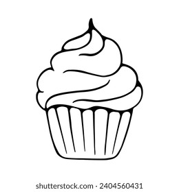 Cupcake handgezeichnete Doodle Line Illustration einzeln auf weißem Hintergrund. Cupcake-Rahmensymbol