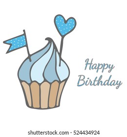 Cupcake for Happy Birthday with heart and flag with greeting text. Vector illustration.