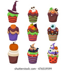 Cupcake happy halloween scary sweets. Pumpkin chocolate decorated icing bats. Halloween vector halloween cupcakes promo party invitation. Trick or treat halloween cupcakes dessert food pumpkin party.