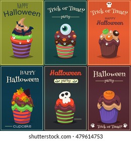 Cupcake happy halloween scary sweets poster set. Pumpkin chocolate halloween poster decorated icing cupcake. Halloween vector cupcakes promo party invitation. Trick or treat halloween poster set.