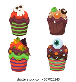 Cupcake happy halloween scary sweets. Vector halloween cupcakes party invitation. Trick or treat halloween cupcakes dessert food pumpkin party. Sweet muffin cake food dessert celebration party baking.