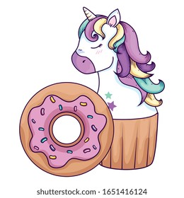 cupcake of head of cute unicorn and donut vector illustration design