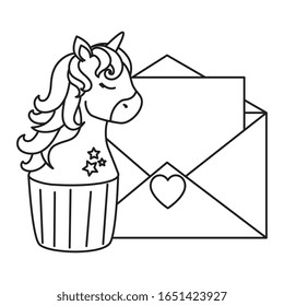 tarta de cabeza de unicornio lindo con sobre diseño de ilustración vectorial