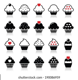 Cupcake with heart, cherry and sparkles icons set 