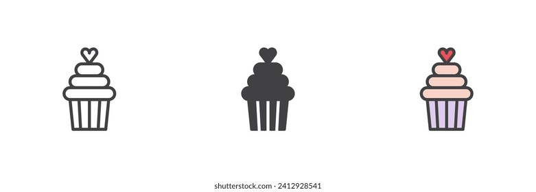Pastel con el conjunto de iconos de estilo de corazón diferente. Línea, glifo y contorno relleno versión colorida, contorno y signo vectorial relleno. Símbolo del día de San Valentín, ilustración del logo. Gráficos vectoriales