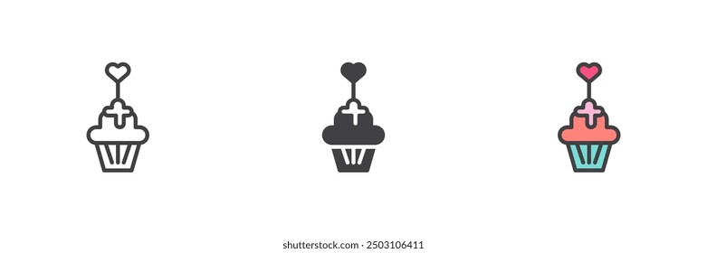 Cupcake con el corazón diferente conjunto de iconos de estilo. Línea, glifo y contorno relleno versión colorida, contorno y signo de Vector relleno. Símbolo, ilustración del logotipo. Gráficos de Vector