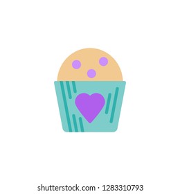 Cupcake with heart flat icon, vector sign, colorful pictogram isolated on white. Valentine's Day cupcake symbol, logo illustration. Flat style design
