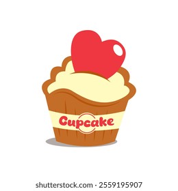 Cupcake with a heart. The flat style is isolated on a white background. The concept of love. Retro. Perfect for a poster, postcard, invitation or greeting card. Vector illustration