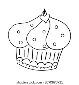 Cupcake with heart hand drawn. Birthday postcard. Happy Valentines Day decoration element. Delicious food, sweets. Muffin with frosting. Vector illustration in doodle style isolated on background