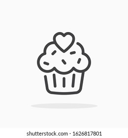 Cupcake with heart icon in line style. For your design, logo. Vector illustration. Editable Stroke.