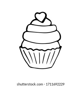 Cupcake with a heart isolated on white, Valentine's day concept. Vector hand-drawn illustration.