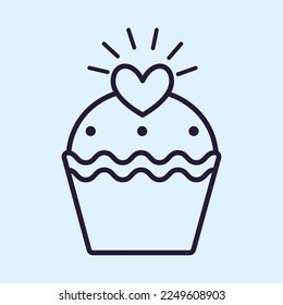 Cupcake with heart line icon, outline vector sign, Love and valentine's day symbol, logo illustration 