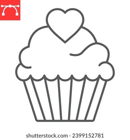 Pastel con icono de línea cardíaca, día de San Valentín y dulce, icono del vector muffin, gráficos vectoriales, símbolo de contorno de trazo editable, eps 10.