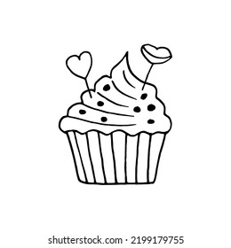 cupcake with heart and lips hand drawn in doodle style. sweet holiday dessert.