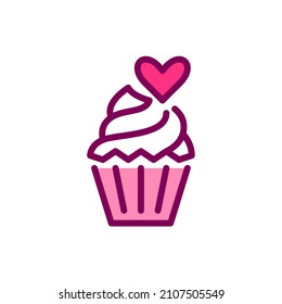 Cupcake with a heart on a frosting. Cute romantic dessert. Pixel perfect, editable stroke color icon