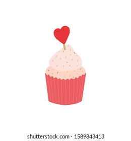 Cupcake with heart on top. Delicious cupcake topped with a cherry and whipped cream and sweeties. Perfect for Valentine's Day.