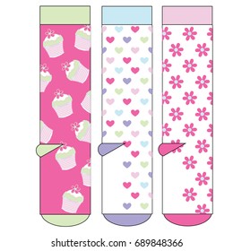 cupcake heart  pattern Girls socks design. Set of socks pattern. illustrations isolate Girls sock with colored pattern