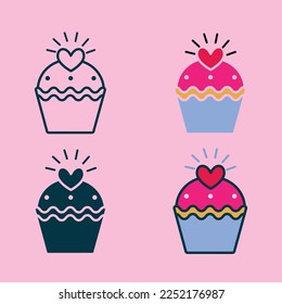 Cupcake with heart shape icon set, line icon, flat icon, fill icon, outline vector sign, Love and valentine's day symbol, logo illustration