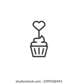 Cupcake with heart topper line icon. linear style sign for mobile concept and web design. Cupcake with heart decoration outline vector icon. Symbol, logo illustration. Vector graphics
