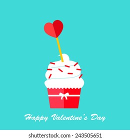 Cupcake with heart, vector illustration.  Valentines day greeting card