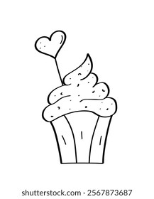 Cupcake and hearts doodle icon. Concept of Valentine's day, a romantic evening. Vector illustration on a white background.