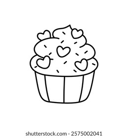 cupcake with hearts doodle outline on white background