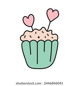 Cupcake with hearts in doodle style. Vector illustration isolated on white background