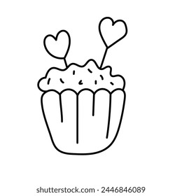 Cupcake with hearts in doodle style. Vector illustration isolated on white background