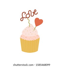Cupcake with hearts and the inscription LOVE on top. Delicious cupcake topped with a cherry and whipped cream and sweeties. Perfect for Valentine's Day.