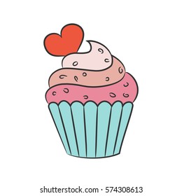 Cupcake with hearts on the white background. Vector illustration.
